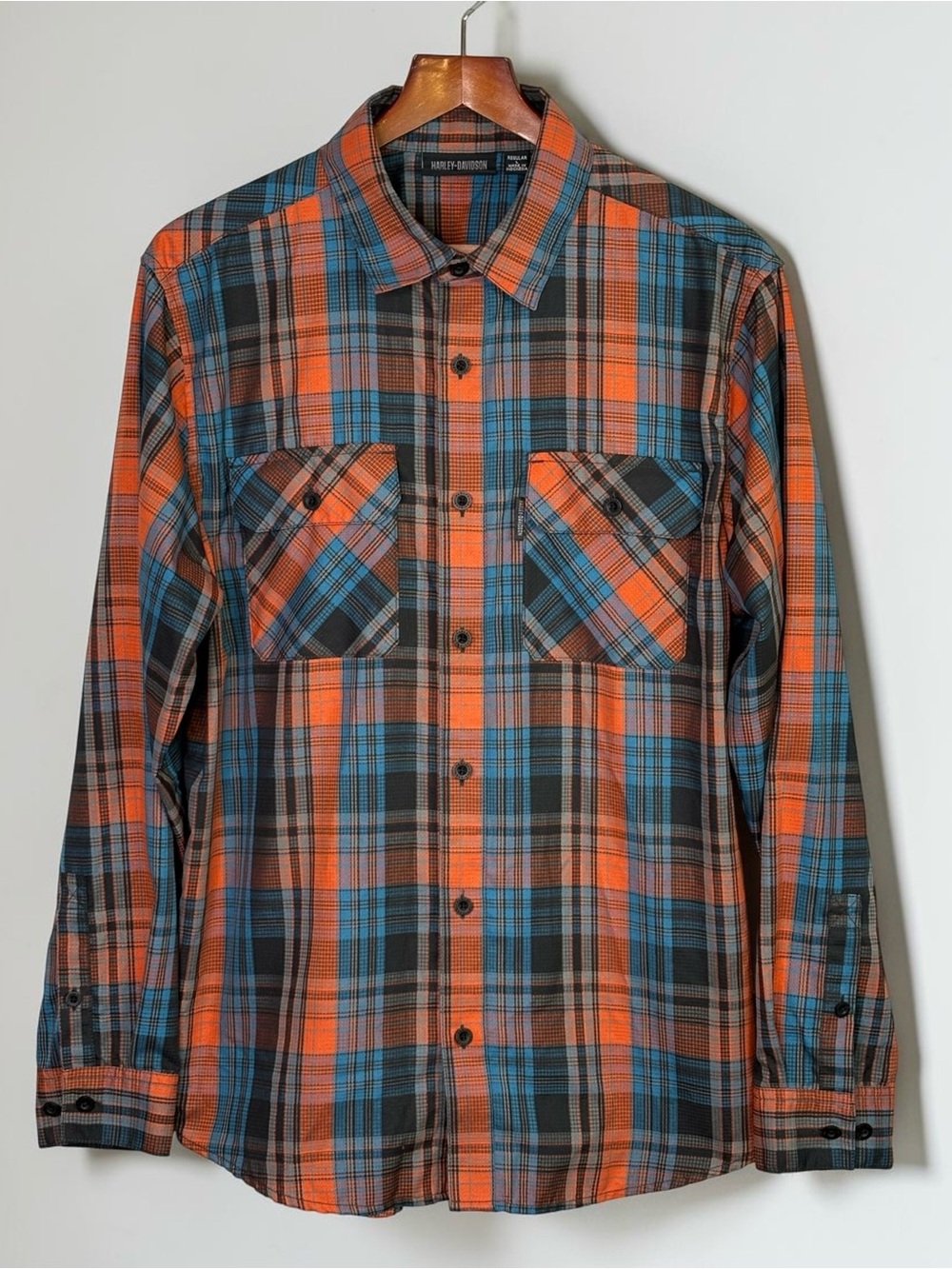 Harley Davidson Big Logo Back Men's Plaid Lightweight Shirt Orange Blue L
